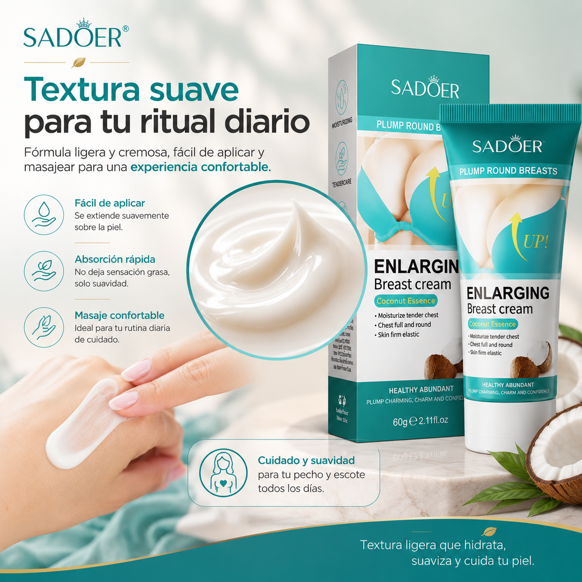 SADOER Breast Care Cream – Crema Hidratante para Pecho y Escote con Esencia de Coco