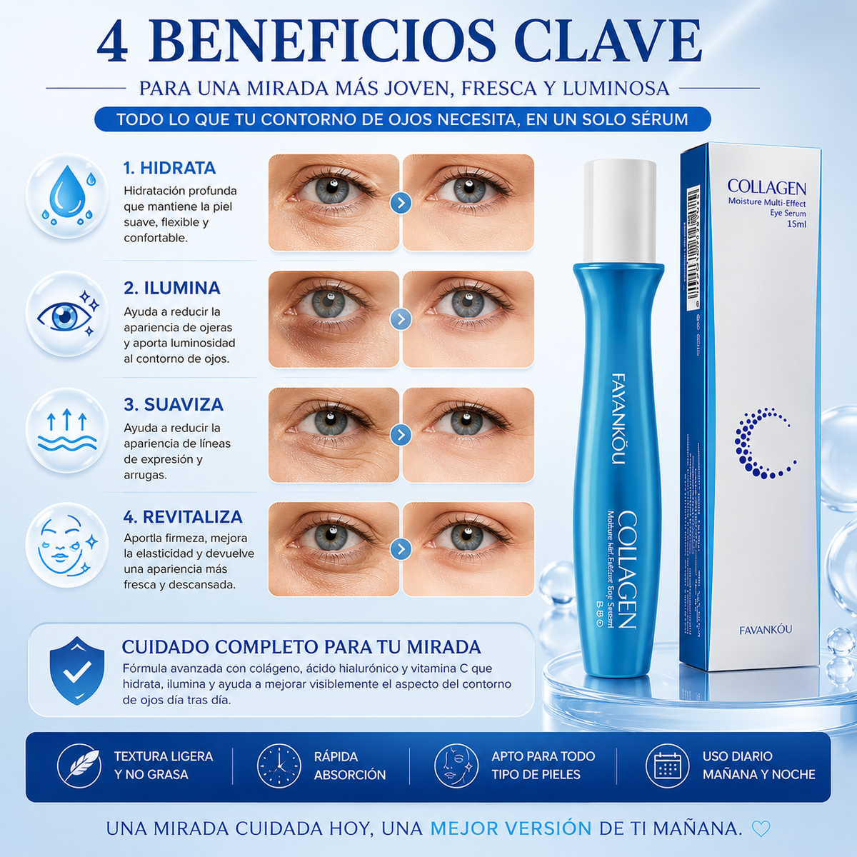 Sérum Contorno de Ojos Antiedad con Colágeno – Hidratante e Iluminador 15 ml